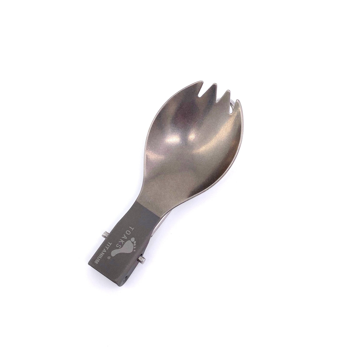 Top-down view of folded titanium folding spork